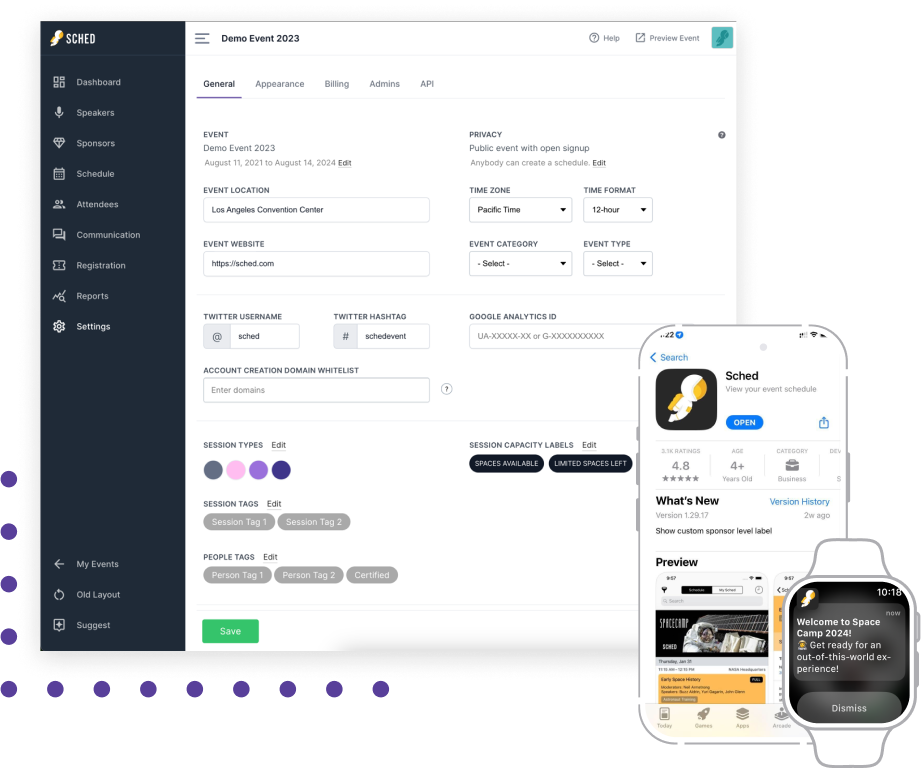 Sched event management services in display feature desktop, phone app, and on apple watch